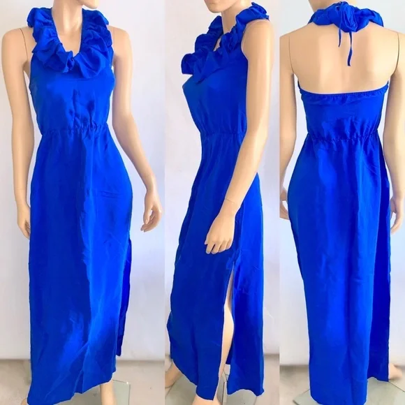 Amanda Uprichard Silk Maxi Ruffle Dress Electric Blue